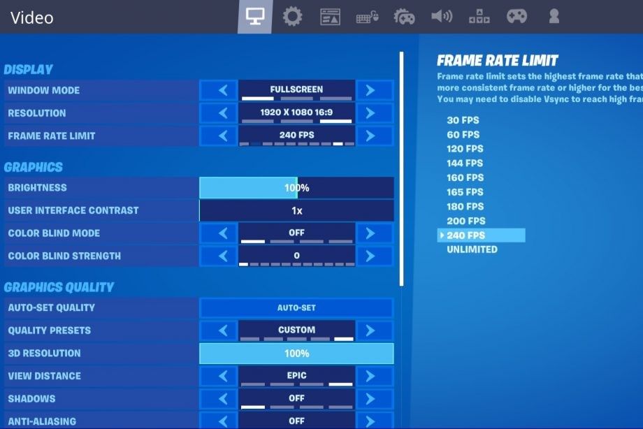 Fortnite video settings