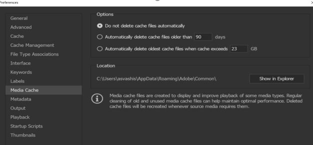 Adobe media cache settings