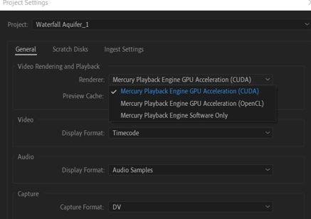 Selecting the Mercury playback engine gpu acceleration (cuda)