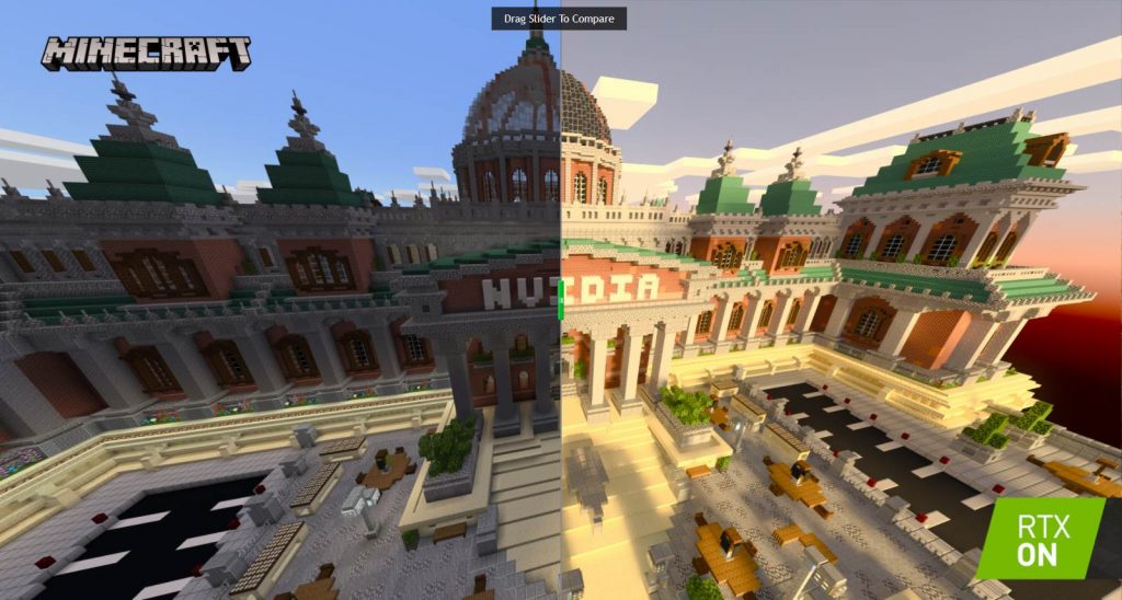 Image of how Minecraft looks like with and without Ray Tracing