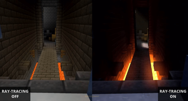 Showing the difference between Ray Tracing on vs off in Minecraft