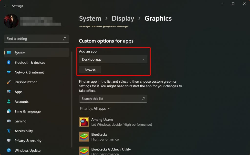 Custom options for apps in windows 11