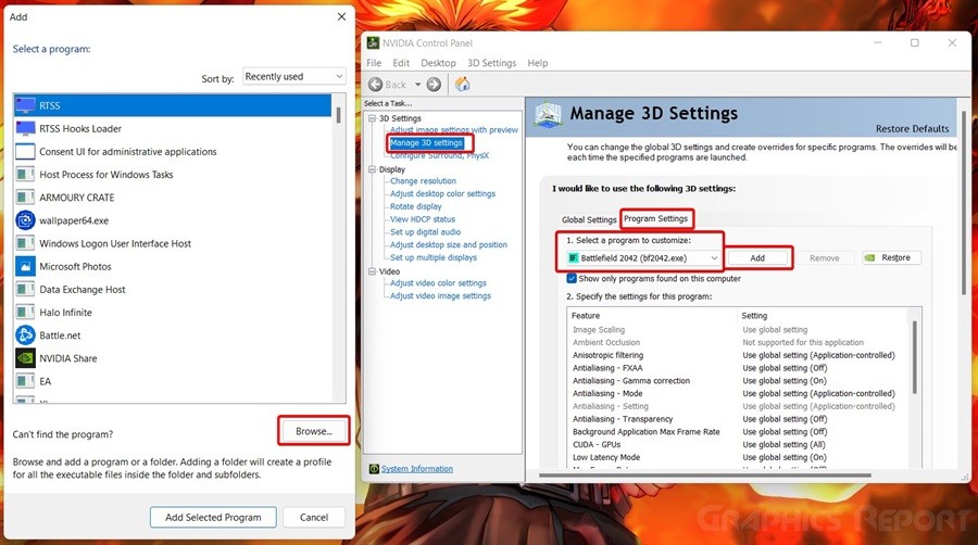 Showing the Manage 3D Settings