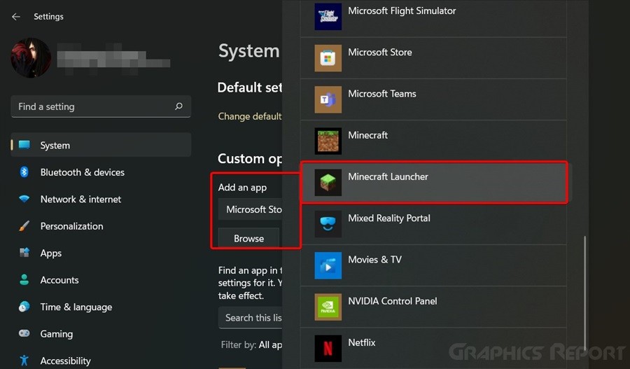 selecting minecraft for custom options for apps