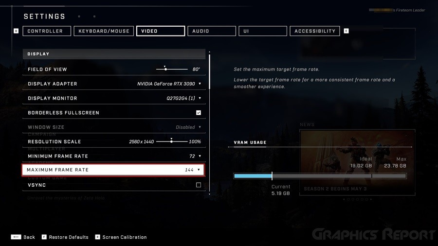 Halo Infinite in game FPS settings