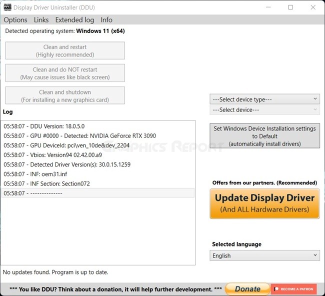 Main Screen of Display Driver Uninstaller