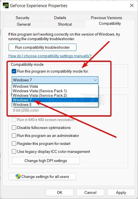 Running GeForce Experience in compatibility Mode