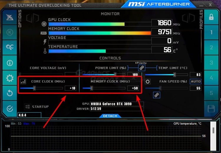 highlighting the core and memory clock in msi afterburner