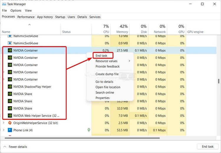 image of all nvidia tasks in task manager