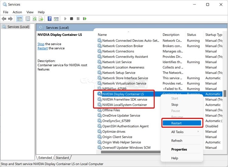 restart all nvidia services fix Nvidia Display Settings Are Not Available