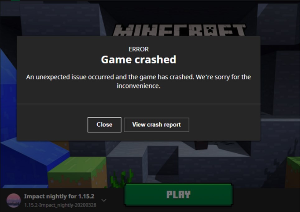 showing the Minecraft Crashed Error pop up