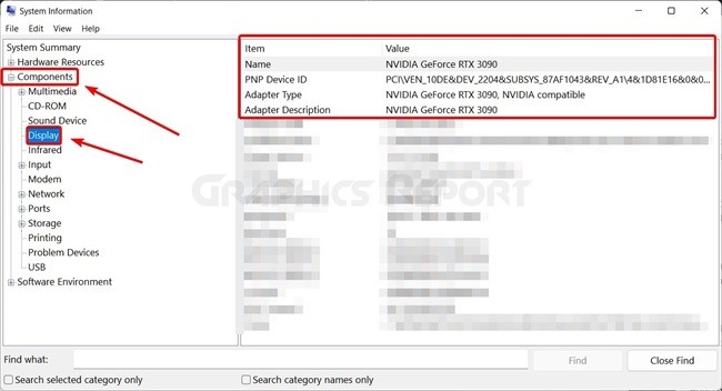 Find gpu name in system information app