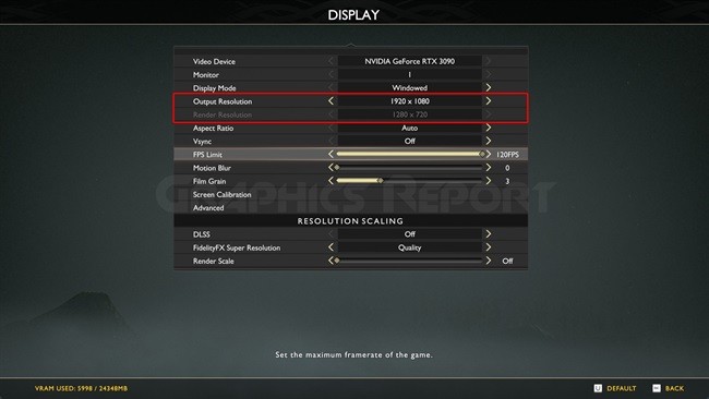 GoW display settings tab