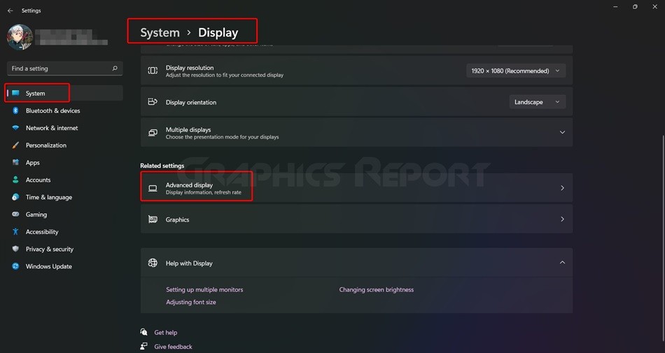 Location of the advanced display settings