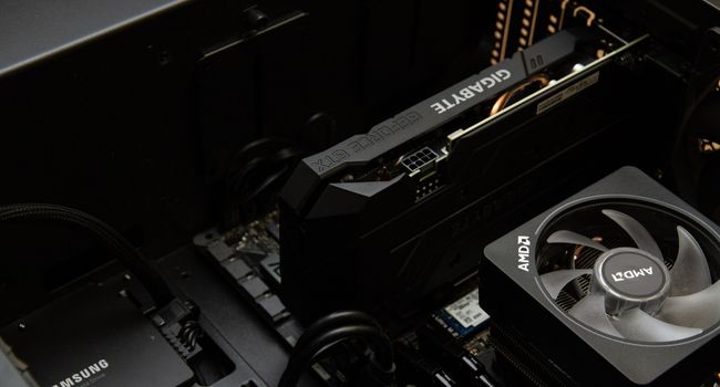 image of gigabyte gpu in pc and amd cpu cooler