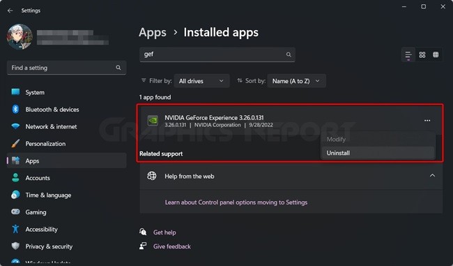 Showing how to uninstall GeForce Experience