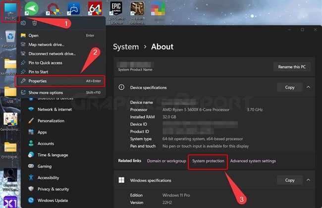 Showing where to find system protection in windows 11